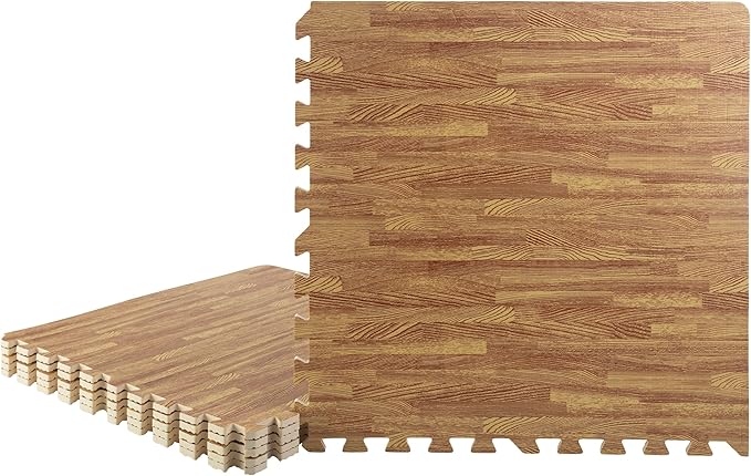 Foam Floor Tiles - 24sqft Wood Grain Interlocking Foam Tiles with Border - Soft Play Mat Playroom or Gym Flooring for Home Gym by Stalwart (Light)