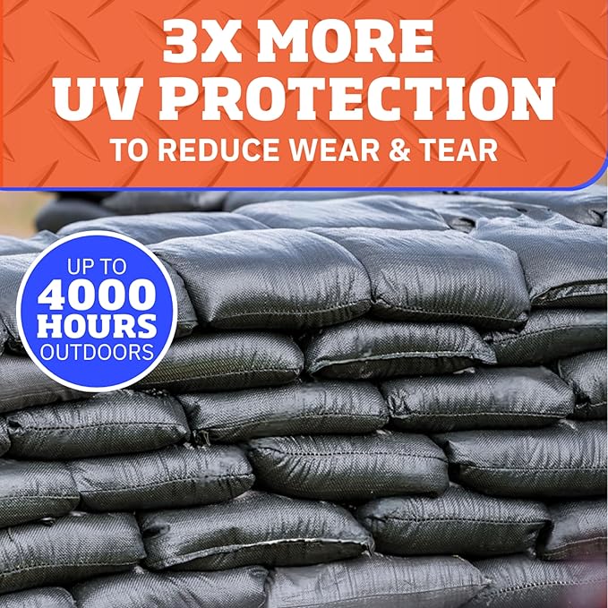 DURASACK Pro Max Heavy Duty Sand Bags for Flooding with 4,000 Hours UV Protection Sandbags for Weight, 100 lbs Capacity, 14x26 in, Black, 50 Count