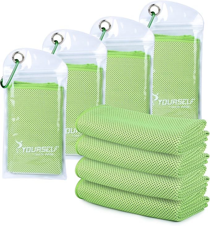 SYOURSELF Cooling Towels for Neck and Face, 4 Pack 40" x 12" Cooling Towel for Hot Weather, Soft Breathable Instant Cool Chilly Pad for Sports Golf Yoga Gym Athletes Camping Ice Towels(Green)
