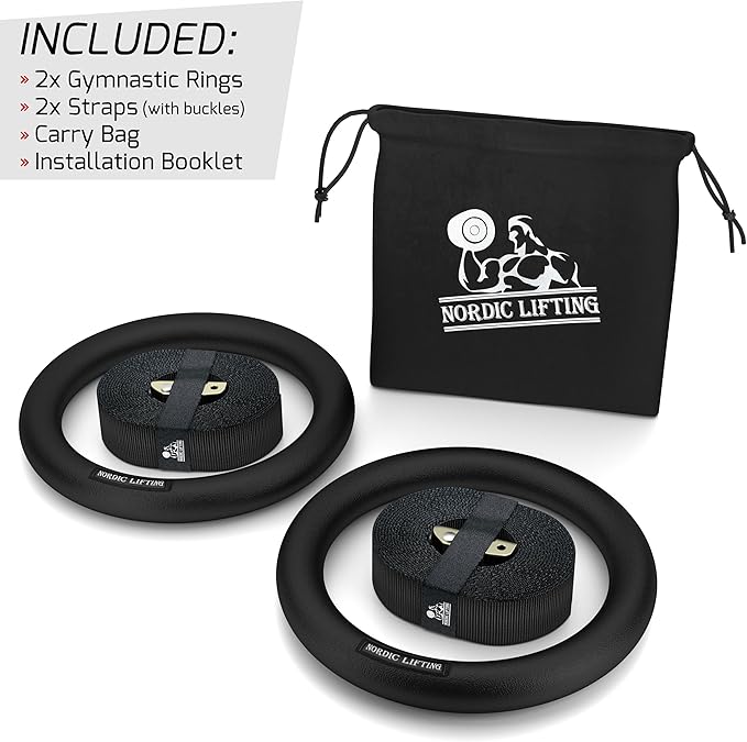 Nordic Lifting Gymnastic Rings and Straps - Heavy Duty for Gymnastics, Crossfit, & Fitness Training - Best Olympic Home Gym Set - PC Plastic is Stronger Than Wood