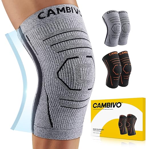 CAMBIVO Knee Brace for Women & Men, 2 Pack Lightweight Latex Free Knee Compression Sleeves with Side Stabilizers for Knee Pain Relief, Running, Walking, Workout & Daily Support (Gray, Large)