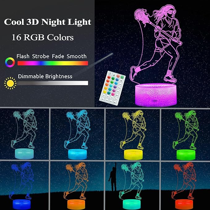 Lacrosse Gifts for Girls, 3D Night Light Lamp with Remote Control, 16 Colors Changing, Timer and Dimmable, Room Decor for Lacrosse Women, Mom, for Birthday Holiday Christmas