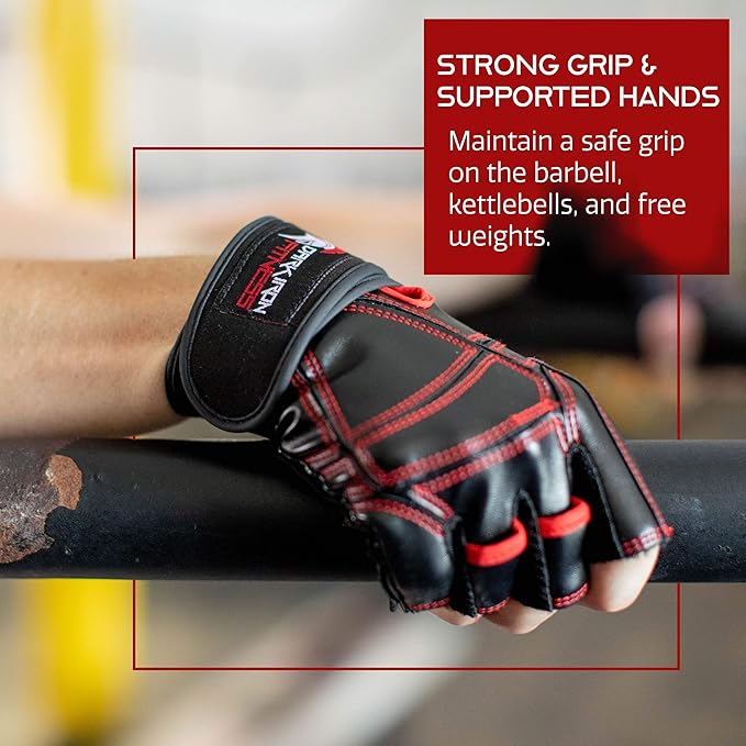 Dark Iron Fitness Genuine Leather Gym Gloves for Men Women, Wrist Wrap Support Workout Gloves for Weight Lifting Crossfit Deadlift Barbell Exercise Palm Padding Callus Protection Grips