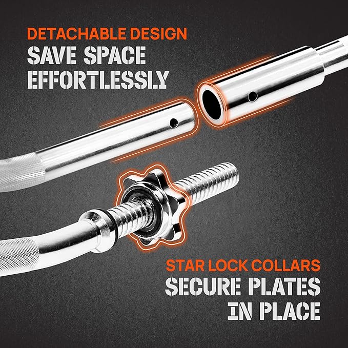 Yes4All Standard Straight Barbell 60" & EZ Curl Bar 47", Capacity 200 to 480 LB, Weight Bar 1" to 2" Diameter - Star Lock Collars, Rubber Ring, Barbell Spins Included for Deadlifts & Squats