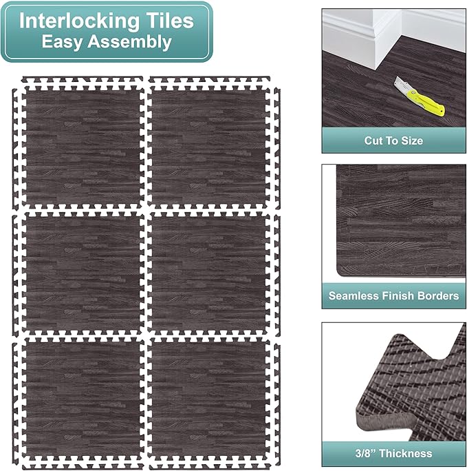 Sorbus Wood Grain Floor Mats Foam Interlocking Mats Each Tile 1 Square Foot 3/8-Inch Thick Flooring Mat Tiles - Home Office Playroom Basement Trade Show (16 Tiles,16 Sq ft, Wood Grain - Carbon)