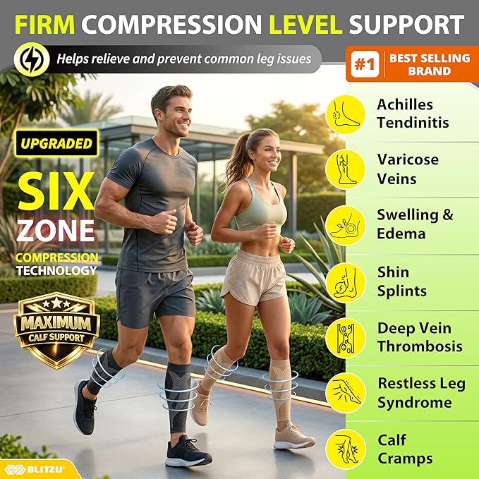 BLITZU Calf Compression Sleeve for Men & Women Footless Compression Socks Support Runners Leg Sleeve Shin Splints Pain Relief