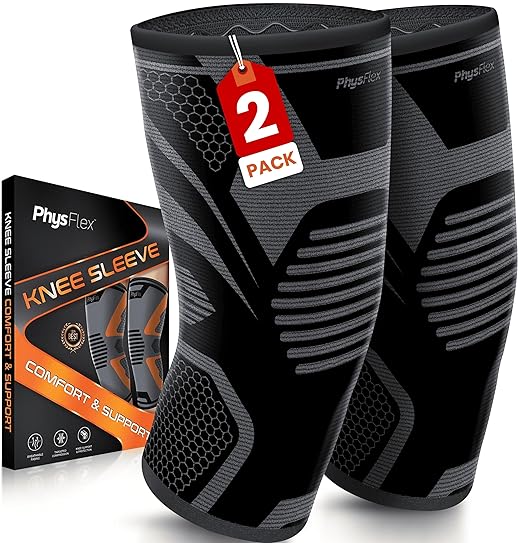 PhysFlex Knee Brace for Pain Relief - Knee Compression Sleeves for Men and Women - Support for Weightlifting, Gym, Workout, Volleyball, Arthritis (2XL, Black)
