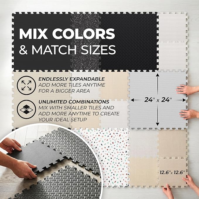 bemaxx Gym Mats Set - 12 pcs EVA Interlocking Foam Floor Tiles (24.4"x24.4"x0.4") 48 sqft Protective Gym Flooring Sports Home Workout Exercise Mats Puzzle Garage Fitness Play-Room Pool Treadmill Bike