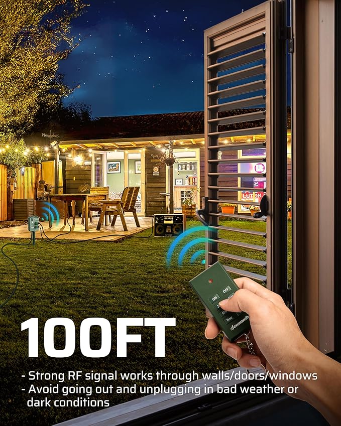 DEWENWILS Outdoor Power Stake Timer, Waterproof Outdoor Timer with 25FT Extension Cord, 100FT Range Remote Control, Photocell Dusk to Dawn Outlet for Lights, Yard, Garden, UL Listed