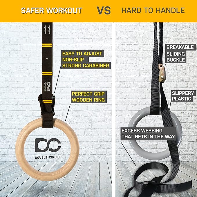 Double Circle Wood Gymnastics Rings with Quick Adjust Numbered Straps and Exercise Videos Guide - Full Body Workout Rings, Calisthenics, Home Gym (Multi-Size)