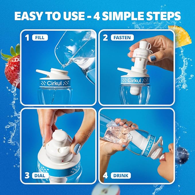 Cirkul 22oz. BPA-Free Plastic Water Bottle Starter Kit with Blue Lid, 2 Flavor Cartridges (1 LifeSip Fruit Punch, 1 FitSip Mixed Berry) No Sugar, Zero Calorie Drink Mix