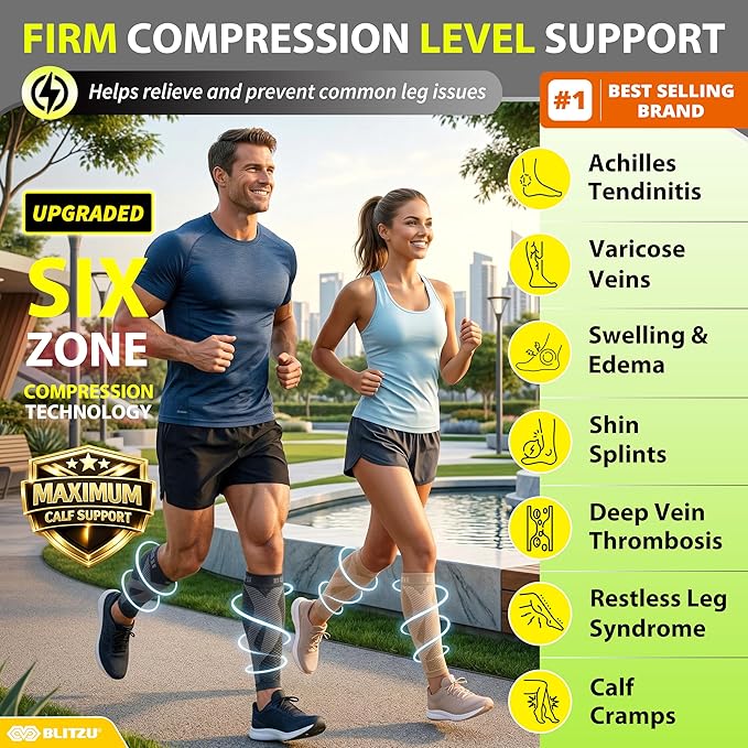 BLITZU Calf Compression Sleeve for Men & Women Footless Compression Socks Support Runners Leg Sleeve Shin Splints Pain Relief