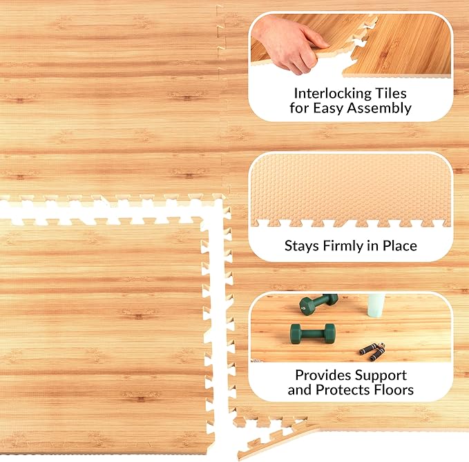 EVA Foam Floor Tiles 12-Pack - 48SQFT Puzzle Mats for Floor - Interlocking Foam Tiles for Family Room or Gym Flooring by Stalwart (Light Woodgrain)