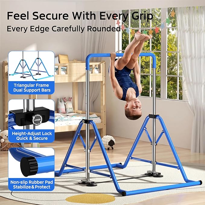 Expandable Kids Gymnastics Kip Bar - Upgraded Dual Base, Folding Adjustable Height 44''-60'', 350LBS Weight Limit, Anti-Slip Suction Feet, Home Training Bar for Kids Ages 3-13 (Blue)