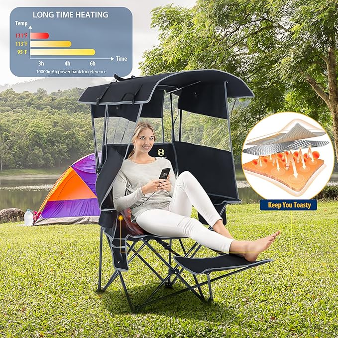 Nice C Chair with Canopy, Heated Camping Chair with Battery, Outdoor Sports Chairs with Shade, Heated Folding Umbrella Lawn Chairs, with Removable Footrest (2-Pack)