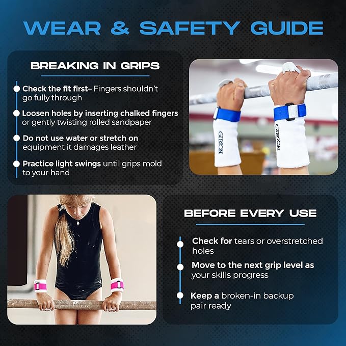 Gibson Athletic Rainbow Gymnastics Grips for Beginners, Unisex Durable Leather Grip, Hook & Loop Closure for Secure Grip & Wrist Support, Athletic Grip & Hand Protection for Young Gymnasts Made in USA