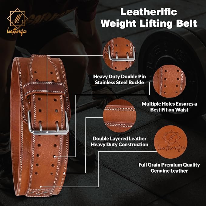 Premium Leather Weight Lifting Belt for Men & Women - 8MM Thick, 4" Wide, Heavy Duty Gym Belt with Steel Buckle for Weightlifting, Powerlifting, Strength Training, Squat or Deadlift Workout, Lower Back Support