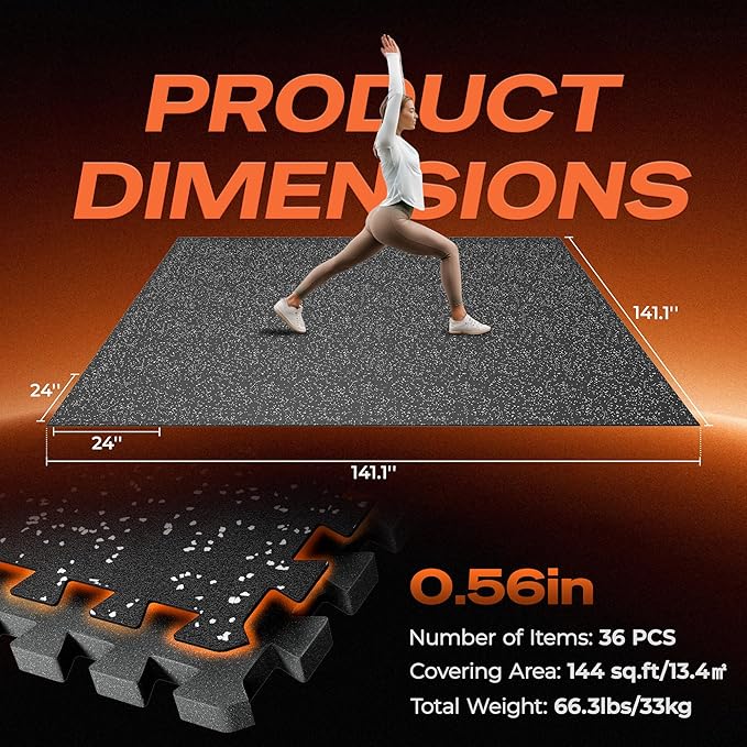 SUPERJARE 0.56'' Thick 36 Pcs 144 Sq Ft Rubber Top Exercise Equipment Mats, High Density EVA Foam Mats with Rubber Top, Interlocking Gym Flooring for Home Gym, Protective Workout Mat, Black/Grey