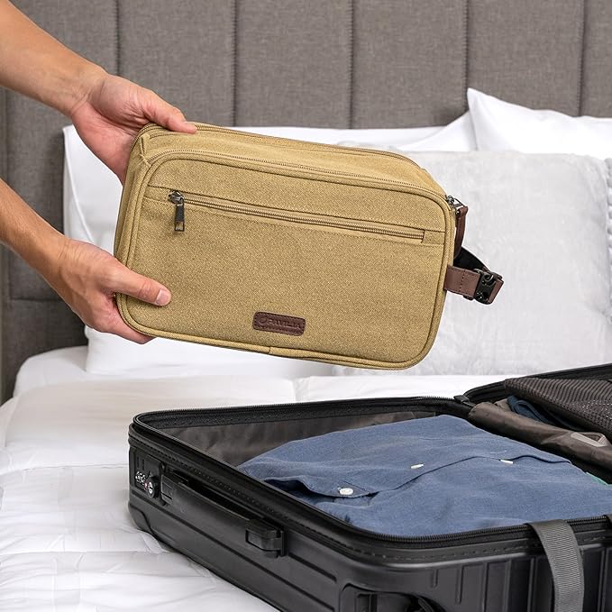 PAVILIA Toiletry Bag for Men, Canvas Dopp Kit, Travel Essentials Organizer, Water-Resistant Shaving, Grooming Kit, Large Hanging Bathroom Accessories Cosmetic Bag, Tan Khaki