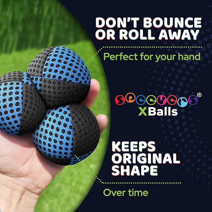 speevers Juggling Balls for Beginners and Professionals Set of 3, 14 Colors Available, 2 Layers of Net and Carry Case, Xballs Juggling Balls (Black - Blue, 3.9 oz)