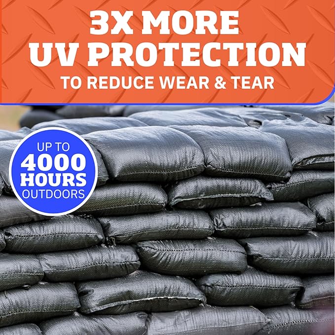 DURASACK Pro Max Heavy Duty Sand Bags for Flooding with 4,000 Hours UV Protection Sandbags for Weight, 100 lbs Capacity, 14x26 in, Black, 10 Count