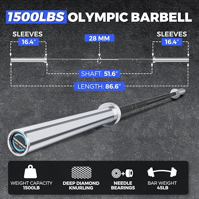 7ft Olympic Barbell Bar 45LB Load 1500lbs Capacity Available, for Gym Home Exercises, Weightlifting, Powerlifting for 2" Olympic Plates