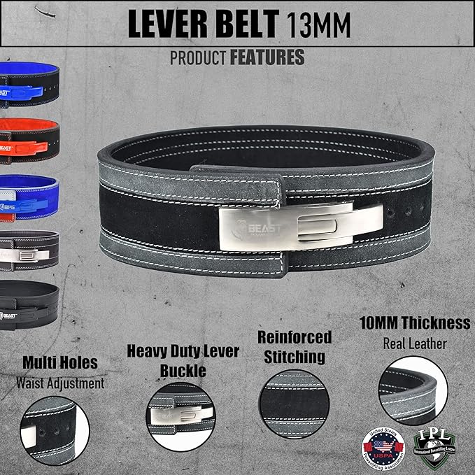 Beast Power Gear Weight Lifting Belt Lever Buckle 10MM 13MM Thick & 4 Inches Free Strap Weightlifting, Powerlifting, Deadlifts, Squats Men Women