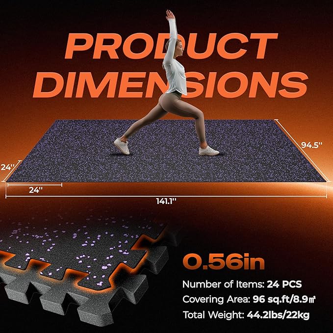 SUPERJARE 0.56'' Thick 24 Pcs 96 Sq Ft Rubber Top Exercise Equipment Mats, High Density EVA Foam Mats with Rubber Top, Interlocking Gym Flooring for Home Gym, Protective Workout Mat, Black/Purple