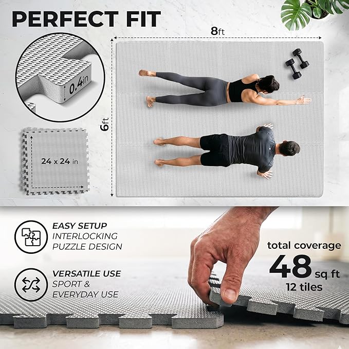 bemaxx Gym Mats Set - 12 pcs EVA Interlocking Foam Floor Tiles (24.4"x24.4"x0.4") 48 sqft Protective Gym Flooring Sports Home Workout Exercise Mats Puzzle Garage Fitness Play-Room Pool Treadmill Bike