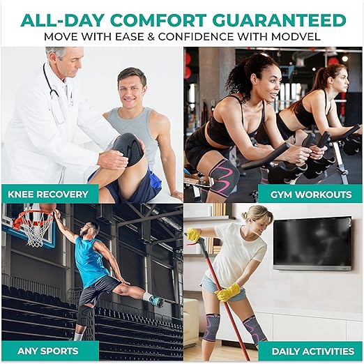 Modvel 2 Pack Knee Brace for Women & Men - Knee Support for Walking, Knee Compression Sleeves for Pain Relief, Knee Sleeves for Women, Knee Sleeves for Men, Knee Brace for Sports, Workouts & Arthritis