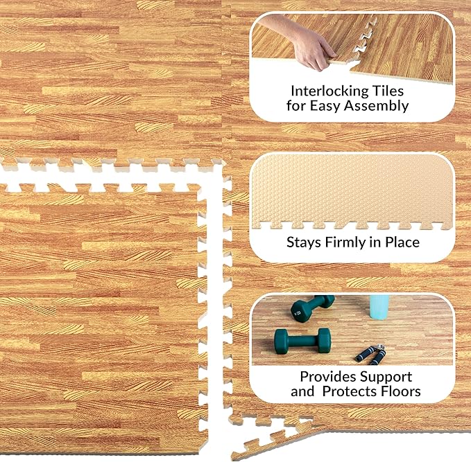 Foam Floor Tiles - 24sqft Wood Grain Interlocking Foam Tiles with Border - Soft Play Mat Playroom or Gym Flooring for Home Gym by Stalwart (Light)