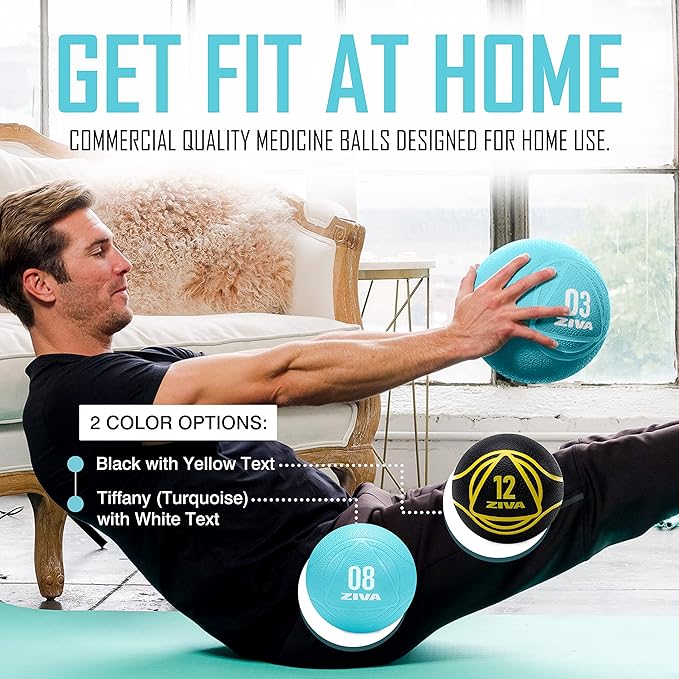 ZIVA Medicine Ball – Durable Rubber Weighted Ball with Easy-Grip Textured Shell for Core, Balance and Strength Training – Commercial Quality (Turquoise, 4–12 lb)