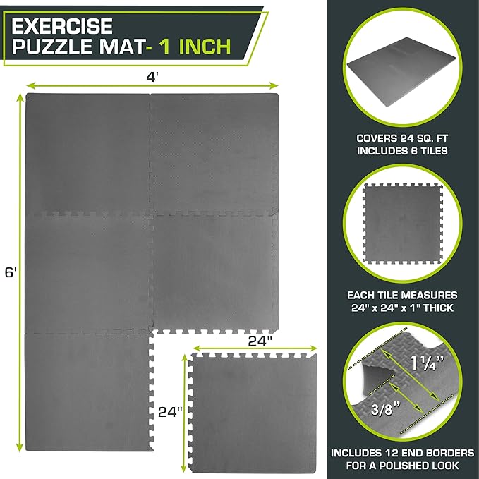 ProsourceFit Weaved Pattern Extra Thick Exercise Puzzle Mat 1-inch, EVA Foam Interlocking Tiles for Protective, Cushioned Flooring for Home and Gym Equipment; Grey, 24 SQ FT, 6 Tiles