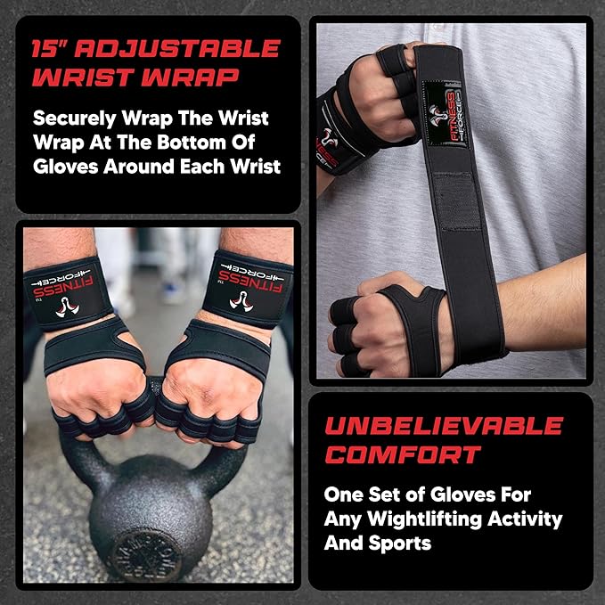 FITNESS FORCE Ventilated Weightlifting Gloves Workout Gloves for Men & Women with Built-in Wrist Wraps Fingerless Gym Gloves for Men Perfect for Exercise Fitness, Weight Lifting, Cross Training