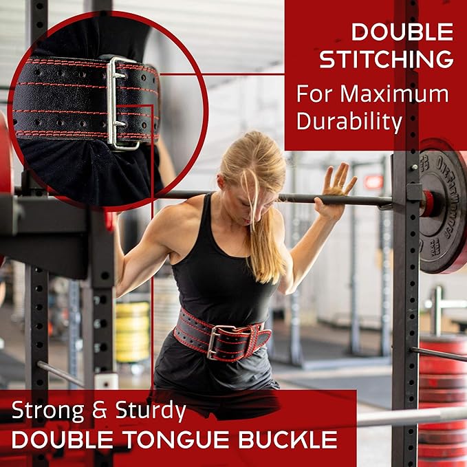 Dark Iron Fitness Genuine Leather Weightlifting Belt, 4 Inch Wide for Men Women with Double Prong Buckle Reinforced Stitching, Powerlifting Deadlift Squat Training Core Support Gym Strength Workout
