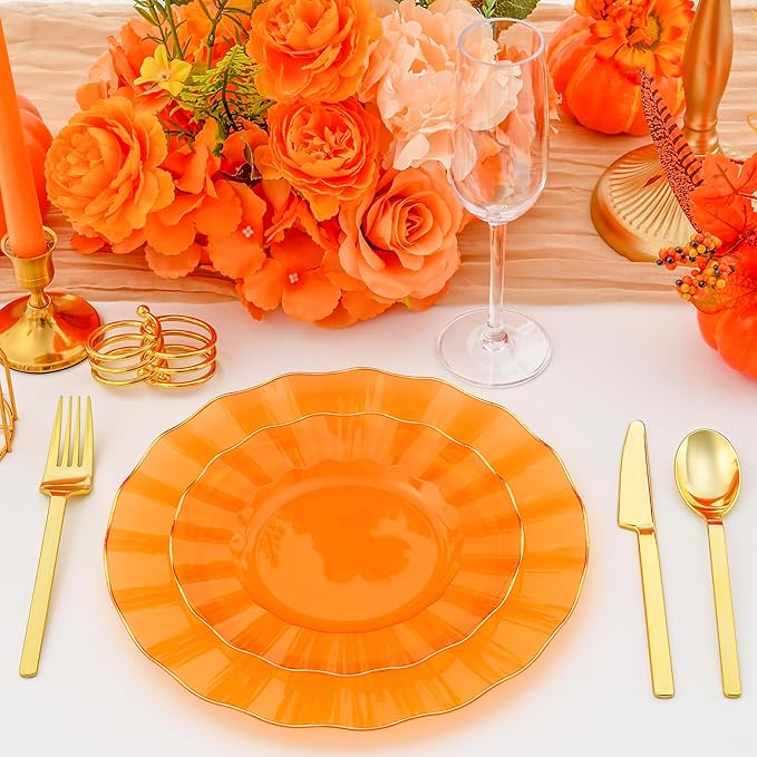 60pcs Orange Plastic Plates with Gold Rim, Clear Orange and Gold Plastic Plates, Fancy Disposable plate, 30 Dinner & 30 Dessert Plate for Party Wedding, Ware Design