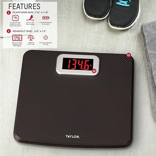 Taylor Digital Bathroom Scale, Body Weight Scale 400 LB Capacity, Carbon Fiber Anti-Slip Mat, 11.8 x 11.8 Inch Platform, Black