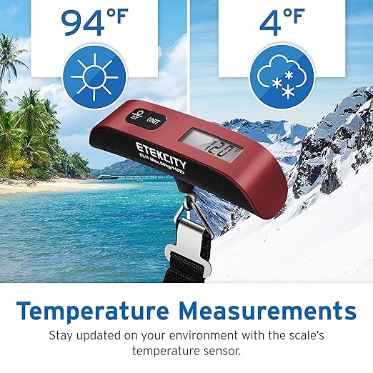 Etekcity Luggage Scale, Digital Weight Scales for Travel Accessories Essentials Suitcases , Portable Handheld Scale with Temperature Sensor, Rubber Paint, 110 Pounds, Battery Included