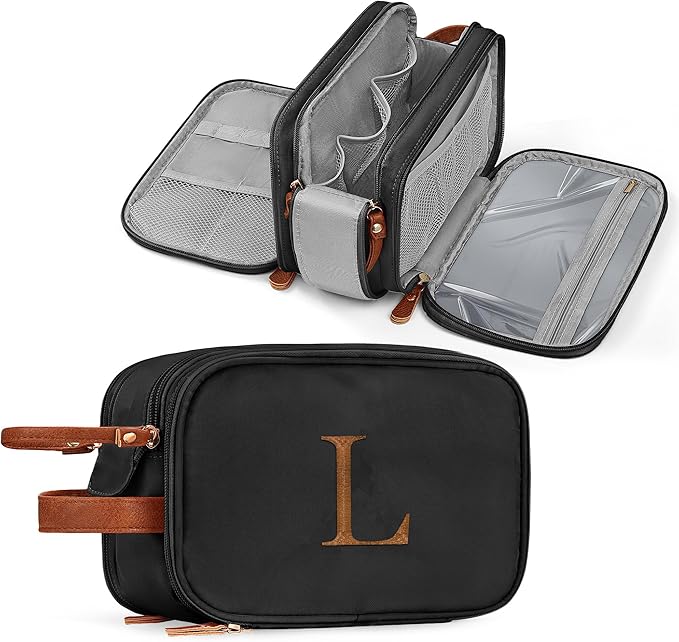 YOOLIFE Initial Toiletry Bag - Black Toiletry Bag Makeup Bags Travel, Gifts for Boyfriend Husband Father, Personalized Initial Dopp Kit Travel Toiletries, Personalized Birthday Gifts Letter L Black