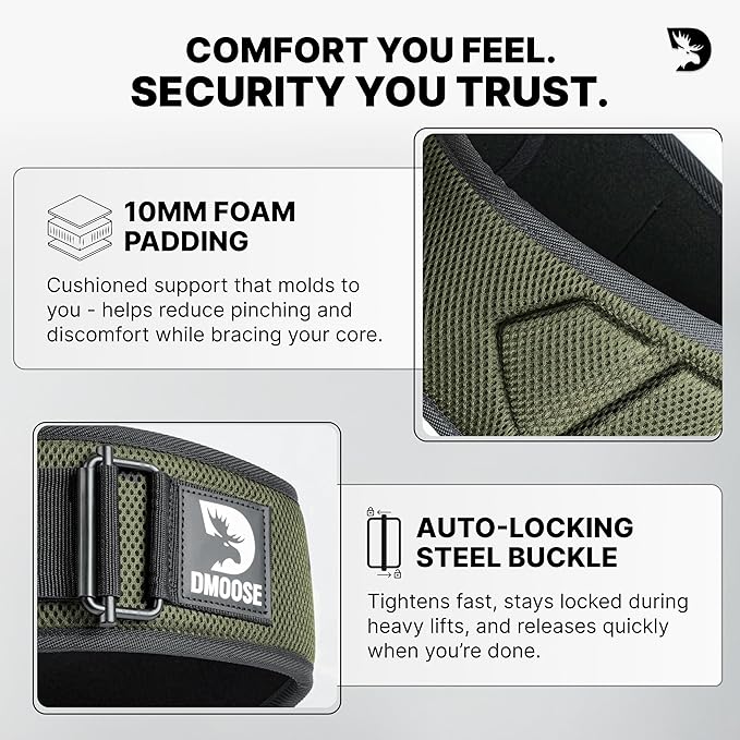 DMoose Fitness Weight Lifting Belt for Squats, Deadlift & Intense Workout - 6" Adjustable Fit Auto Lock Weightlifting Belt for Men & Women - Neoprene Gym Belts for Stability & Lumbar Back Support
