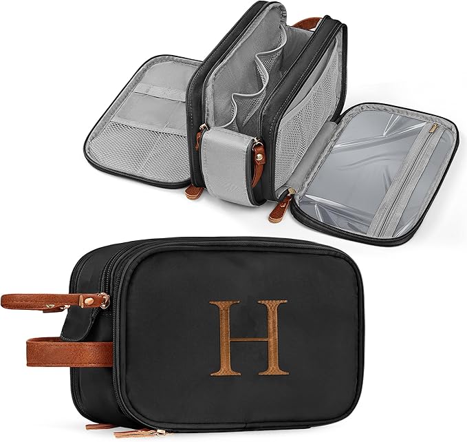 YOOLIFE Black Toiletry Bag - Personalized Birthday Gifts for Mens Women Initial Travel Toiletry Bag Essentials for Women Men, Portable Organizer for Accessories, Initial Makeup Bags Letter H Black