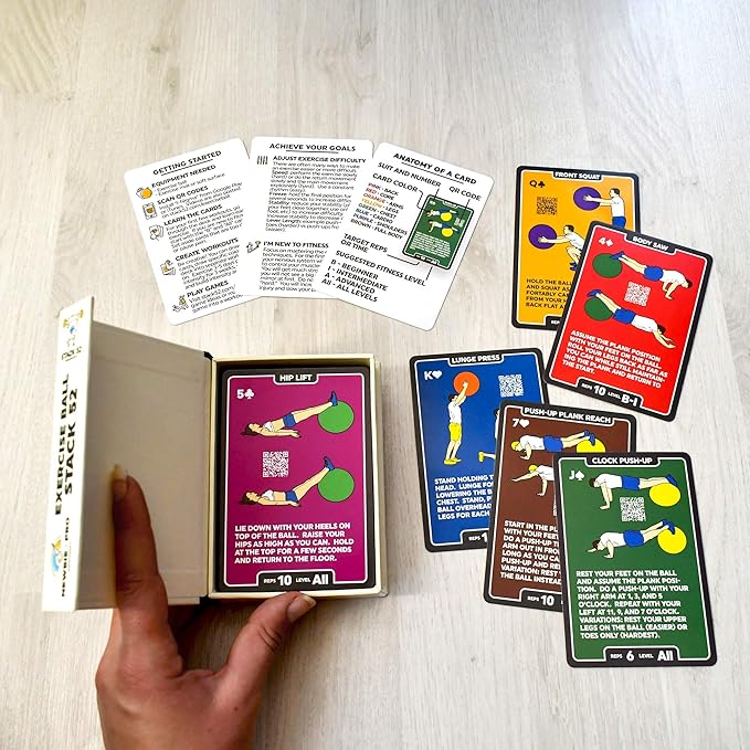 Stack 52 Exercise Ball Fitness Cards. Swiss Ball Workout Playing Card Game. Video Instructions Included. Bodyweight Training Program for Balance and Stability Balls.