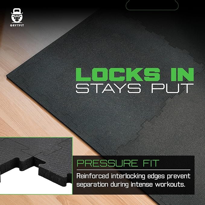 Interlocking Rubber Floor Tiles 4-Pack 1/2" Thick – Heavy Duty 100% Rubber Flooring for Home Gym, Garage, Workout Room, Equipment Mats, Indoor/Outdoor, 22.5” x 22.5”