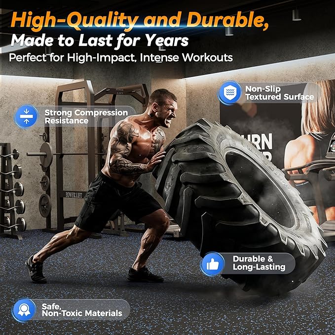 SUPERJARE 1" Extra-Thick Rubber Top Exercise Mat, Puzzle Gym Flooring for Home Gym, Gym Mat for Workout Equipment, Interlocking Floor Tiles with EVA Foam, 18 Pcs 72 Sq Ft, Black/Blue
