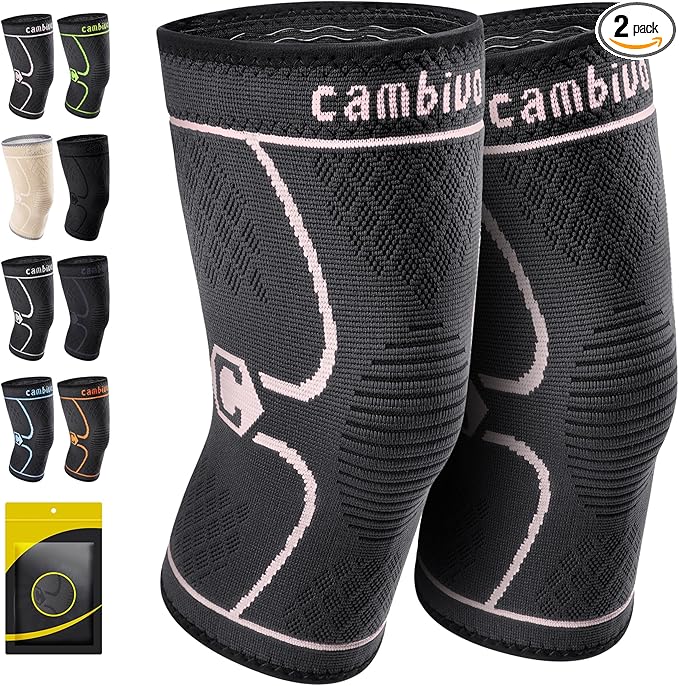 CAMBIVO 2 Pack Knee Brace, Knee Compression Sleeve Support for Men and Women, Knee Pads for Running, Hiking, Meniscus Tear, Arthritis,Joint Pain Relief (Pink,Medium)