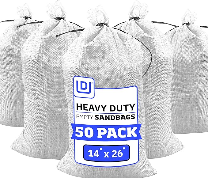DURASACK Heavy Duty Sand Bags with Tie Strings Empty Woven Polypropylene Sand-Bags for Flood Control with 1600 Hours of UV Protection, 50 lbs Capacity, 14x26 inches, White, Pack of 50