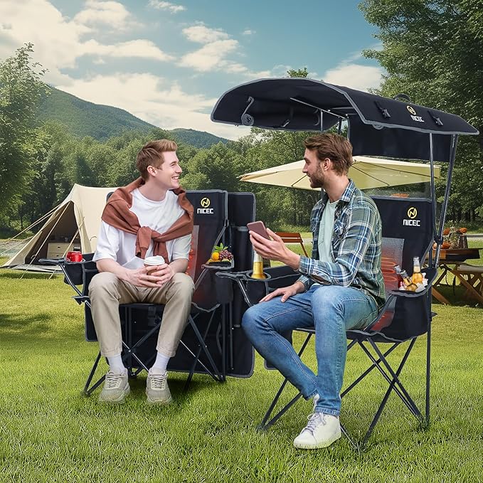 Nice C Chair with Canopy, Heated Camping Chair with Battery, Outdoor Sports Chairs with Shade, Heated Folding Umbrella Lawn Chairs, with Removable Footrest (1-Pack)