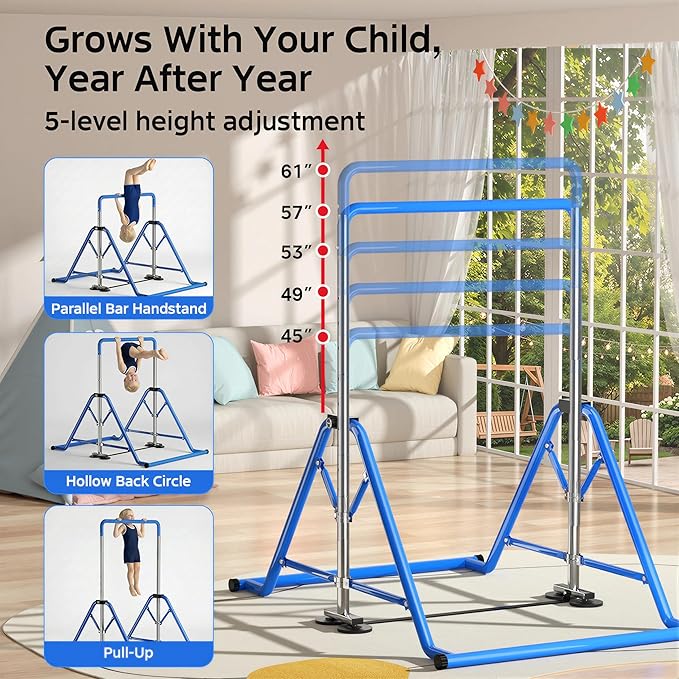 Expandable Kids Gymnastics Kip Bar - Upgraded Dual Base, Folding Adjustable Height 44''-60'', 350LBS Weight Limit, Anti-Slip Suction Feet, Home Training Bar for Kids Ages 3-13 (Blue)