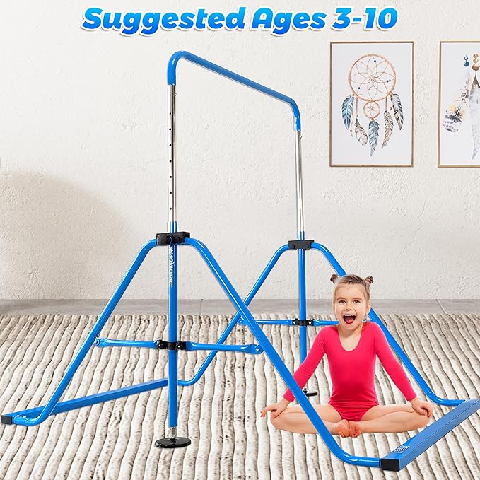 PreGymnastic Folding Gymnastics Bar with Rings, Foldable Kip Bar with Sturdier Base, Training Bar for Kids Ages 3-10, Horizontal Bar, Home Gym Equipment for Boy Girl