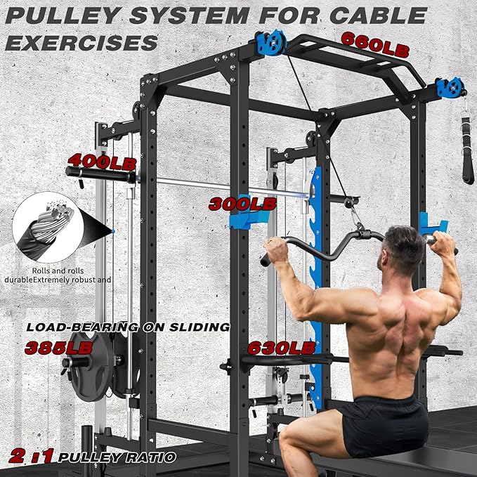 ULTRA FUEGO Power Cage with Cable Crossover/Smith Machine System LAT-Pull Down System Power Rack Squat Rack Training Attachments for Home Gym